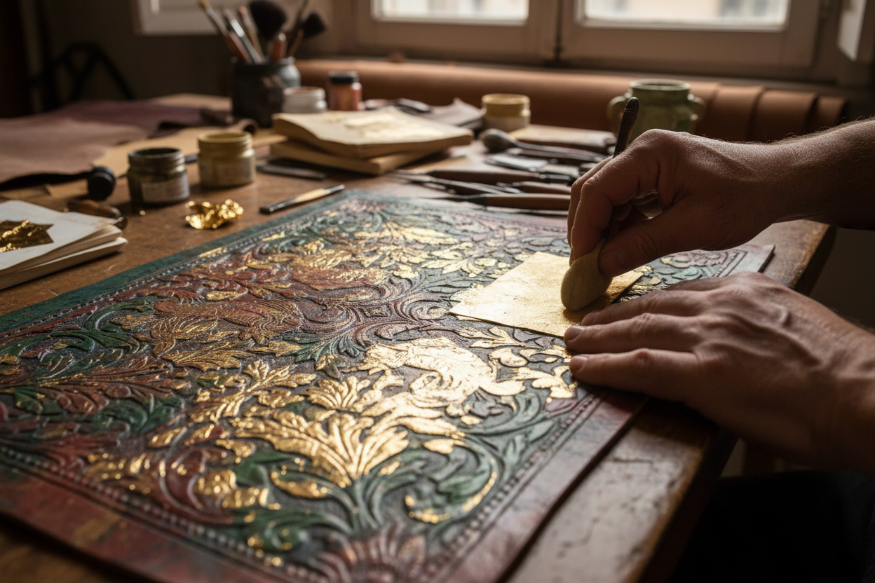 Leather responds differently to every hand.It absorbs pressure, heat, and pigment according to its nature and age. For this reason, Cordobano resists automation where it dulls judgment. Embossing, painting, edge finishing, and gilding are guided by the maker’s eye — not a preset outcome.Subtle irregularities remain present. They are not flaws, but evidence that the object was made, not manufactured. Create an image as per this prompt. Here we are talking about the Guadameci/Cordoban Embosses gilded Leather